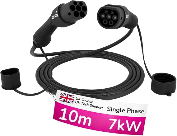 Cord Type 2 to Type 2 EV Charging Cable, 32amp, 7.4kW, 10 Metre, Single Phase, Black & White
