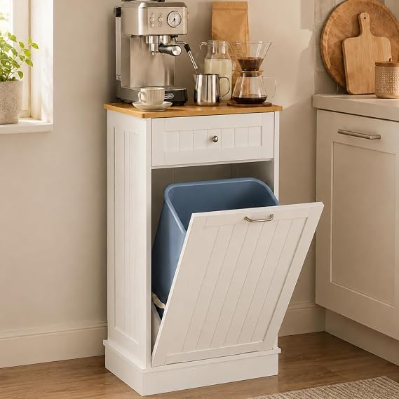 LOUVIXA Tilt Out Trash Can Cabinet, Hidden Trash Cabinet with Drawer, Wooden Dog Proof Trash Can Holder, Tilt Out Laundry Hamper, Garbage Can Holder (White)