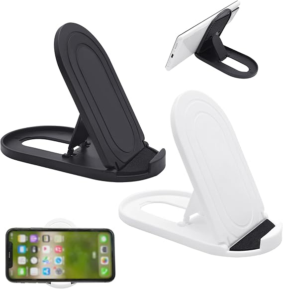 2pcs Adjustable Foldable Cell Phone Stands Universal Portable Multi-Angle Pocket Mobile Phone Desktop Holder Stand Compatible with iPhone Samsung Galaxy (Black + White)
