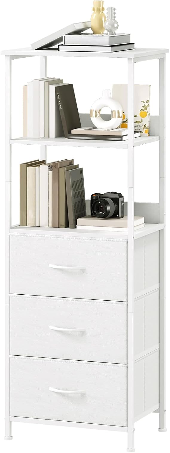 Somdot 5-Tier Bookcase with 3 Drawers, Freestanding Bookshelf, White