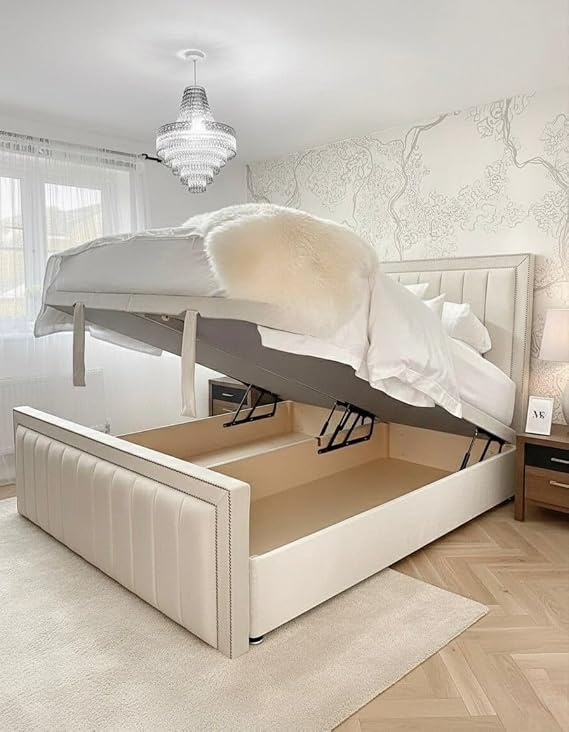 Solid Ottoman Divan Bed, Panel Ottoman Bed Single, Small Double, Double, King, Super King sizes (White Plush Velvet, Double)