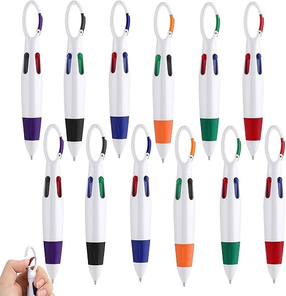 12 Pcs Multi Colour Pen, 4 Colour Pen Retractable Pens with Carabiner Clip, Portable 4-in-1 Ballpoint Pens with Keychain on Top, for Back to School Supplies and School Supplies