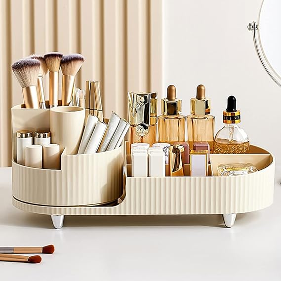360° Rotating Makeup Organiser,Cosmetic Make Up Organiser Large Capacity Makeup Brush Holder with Storage Stand Makeup Brush Display Stand for Dressing Table, Bedroom, Bathroom (White)