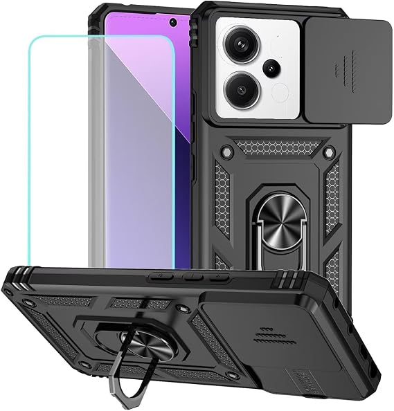 Redmi Note 13 Pro 5G用ケース 強化ガラススクリーンプロテクターとスライドカメラカバー付き、360度回転リングスタンド磁気カバー Xiaomi Redmi Note 13 Pro 5G用 ブラック