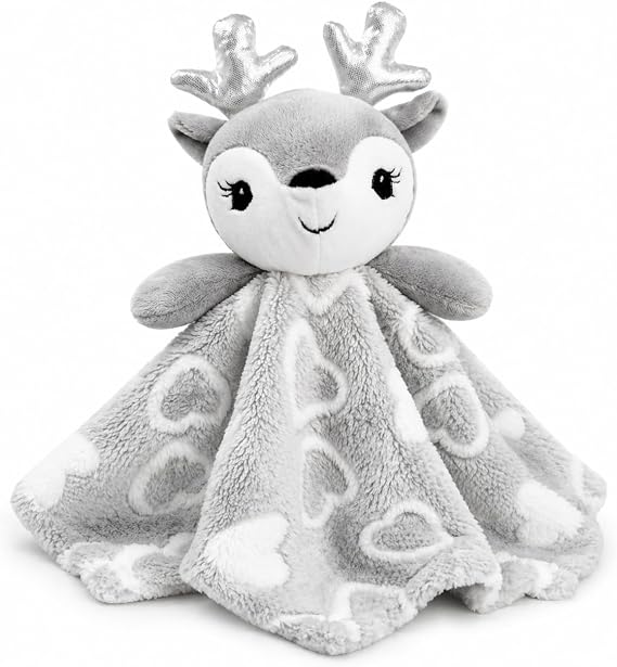 Baby Deer Security Blanket – Grey Newborn Comforter with Shimmery Silver Antlers - Soft Textured Plush Snuggle Lovey Toy