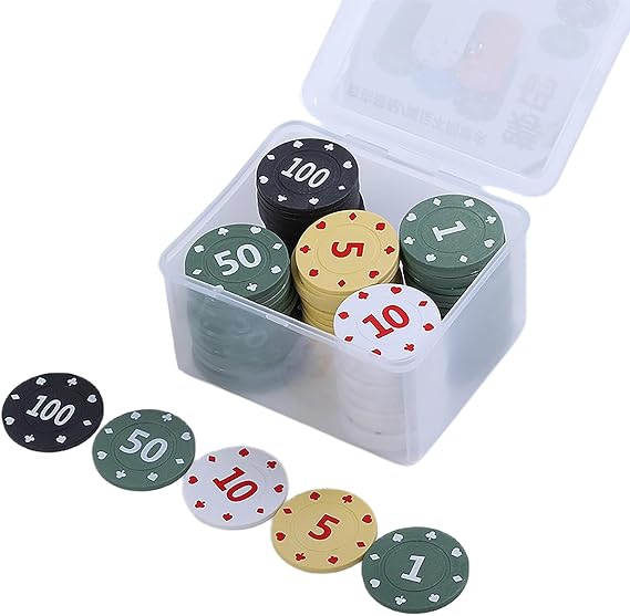 100個プラスチックポーカーチップセット、金種ポーカーチップセット、カジノカードゲーム用プロフェッショナルポーカーチップセット額面値1.5.10.50.100