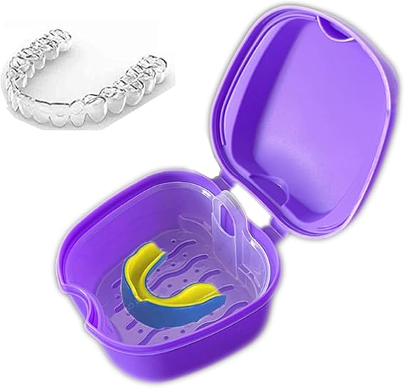 Retainer Case Denture Bath Box Easy Clean with Strainer Basket Portable False Teeth Storage Mouth Guard Denture Holder for Travel Retainer Soaking Cleaning (Purple)