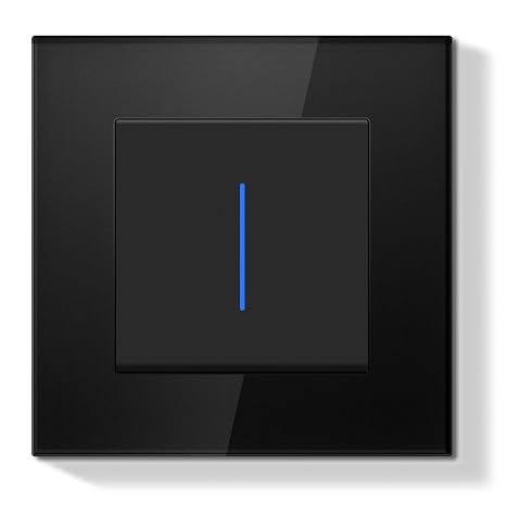Flush-Mounted Light Switch 1-Way 86 x 86 mm Modern Wall Switch with Glass Frame Easy Assembly Light Switch for Living Room Bedroom Hallway (with Indicator Black)