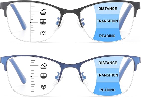 2 Pack Progressive Multifocus Reading Glasses Women Blue Light Blocking Spring Hinge Readers Metal Computer Eyeglasses