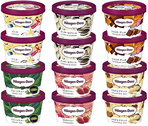 6 types, 2 each; 12 pieces total; Hagen Dats; Ice Cream Mini Cup Set, Vanilla, Strawberry, Green Tea, Macadamia Nuts and Chocolate; Seasonal limited items may be included depending on availability