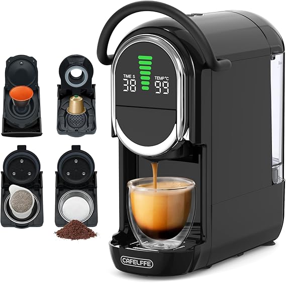 CAFELFFE Automatic Coffee Pod Machine 4-in-1 Capsule Coffee Maker with Adjustable Temperature and 7 Preset Brewing Times 19-Bar Espresso Machine for NES/DG/ESE/Ground Coffee Black