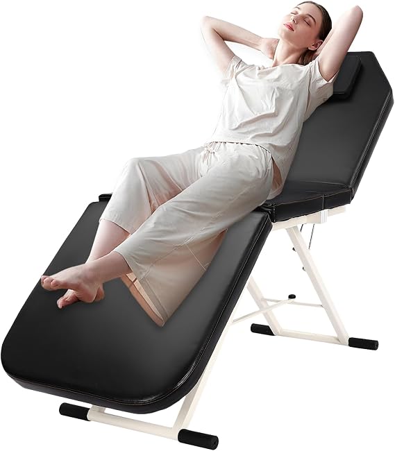 Massage Bed Massage Table, 3 Section Foldable Beauty Bed with Pillow, Salon Recliner Tattoo Beds Couch SPA Chair for Beauty Salons, Homes (Black)