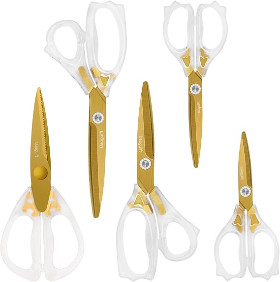 Acrylic Scissors Set, Sharp Titanium Coating Blades with Ergonomic ABS Handle, Set of 5, Suitable for Sewing and Household, Clear and Gold-Toned