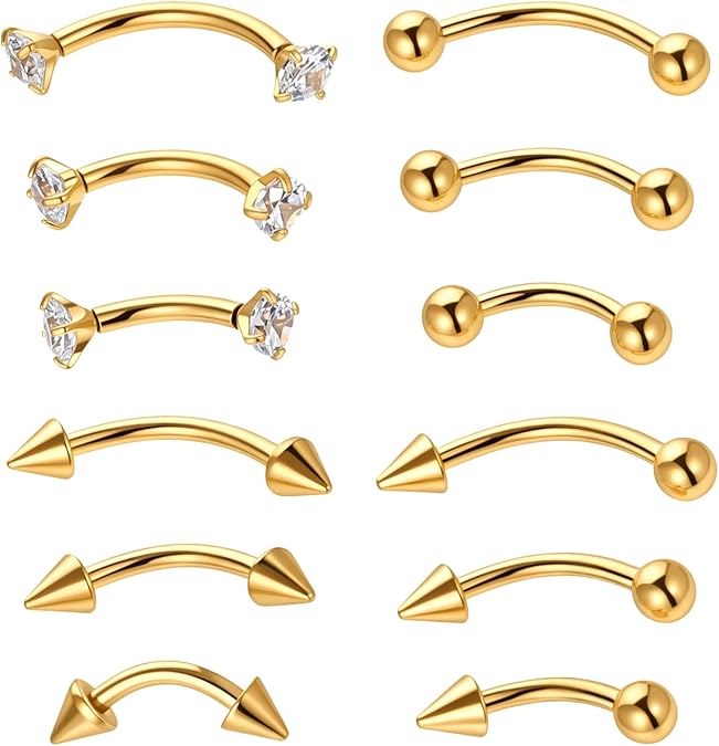 12pcs Eyebrow Piercing Jewellery 16g Gold Vertical Labret Lip Bars