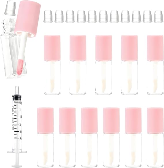 12 Pcs Empty Lip Gloss Tubes, 3ml Pink Round Lipgloss Tubes, Refillable Lip Gloss Containers, Makeup Containers Bottles, with 3ml Syringes, for Women (Pink)