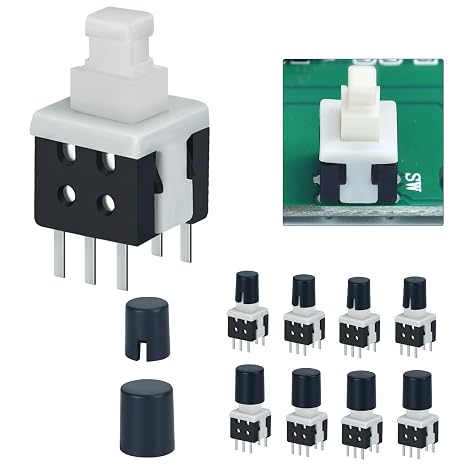 30Pcs Mini Momentary Push Button Switch Plug-in Circuit Board 5.8 * 5.8mm 0.23in DPDT 2-Way On Off Mini Power Button with Switch Cap 5V 12V 24V 0.5A