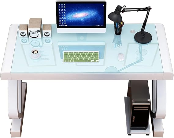 Tempered Glass Computer Desk With Threading Hole & Z-Shape Metal Frame Modern Office Desk Sturdy Writing Desks For Home Office Workstation(140cm/55.1in)