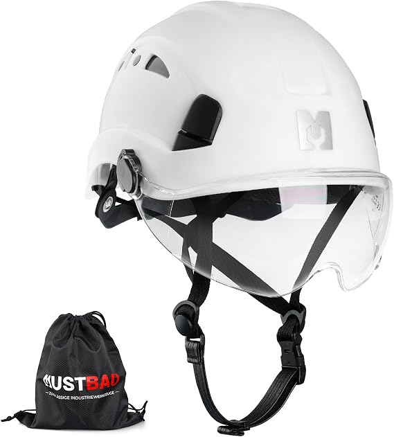 Safety Helmet with Visor, EN 12492 Ventilated Hard Hat Work at Height, Scaffolding Helmet with Chin Strap & Reflective Strips for Construction, Climbing, Forestry 53-63 cm