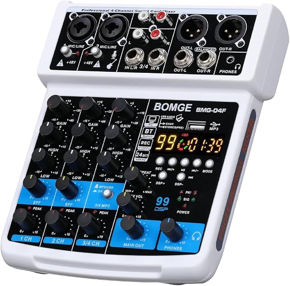 BOMGE-04F 4 Channel DJ Audio Sound Mixer, MP3/USB Bluetooth, Stereo Record/48V/99 DSP Echo Effects, Live Broadcast, Karaoke, Performance, Church Songs, Music Production WHIET-04F