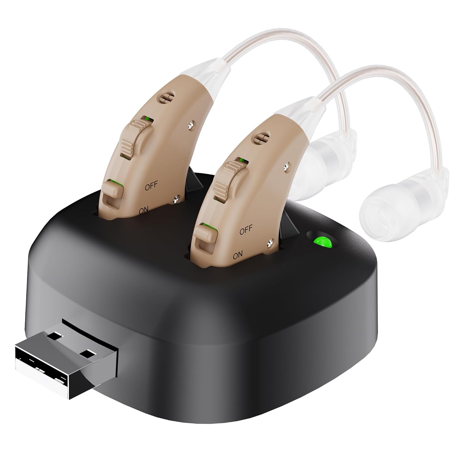 Rechargeable Digital Hearing Amplifiers Pair - Ultra-Clear Personal Sound Amplifier for Seniors, Noise-Reducing Behind-the-Ear Audio Enhancers with One-Touch Volume Control & USB Charging Dock