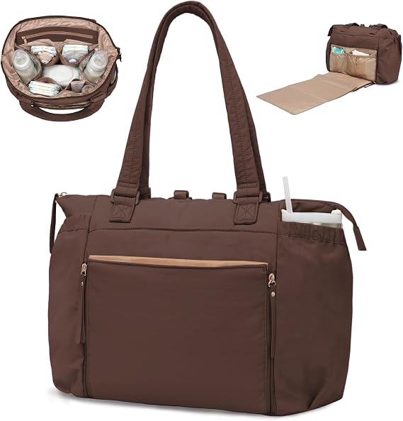 MOMINSIDE Diaper Bag Tote with Changing Station Puffer Diaper Bag Backpack pañaleras para bebe, Brown, L, Daypack Backpacks