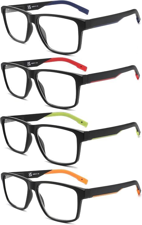 MODFANS 4 Pairs Reading Glasses Men (Blue Light Blocking) Rubber Arms/Temple Wide Frames Large Square Readers Glasses Color Blue/Red/Orange/Green