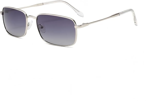 Polarised Retro Classic Rectangular Sunglasses for Men and Women Slim Metal Frame Vintage Rectangle Glasses (Silver/Light Grey)