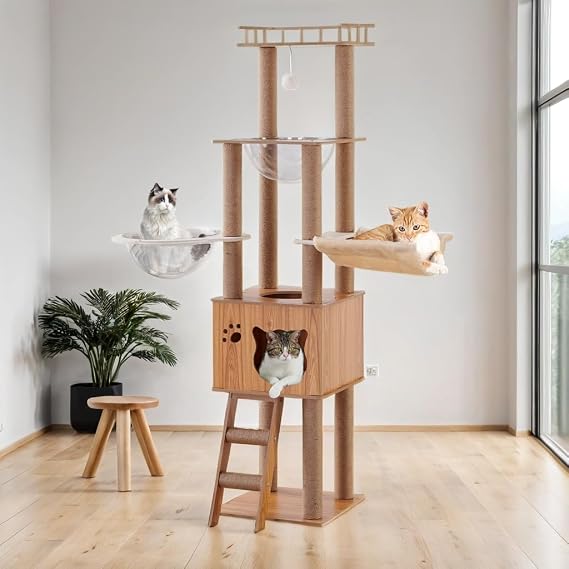 155CM Cat tree,With 1 Hammock,House,2 Transparent space capsule,1 Dangling Ball,1 Jumping platform,Cat tree for indoor cats(Log color)