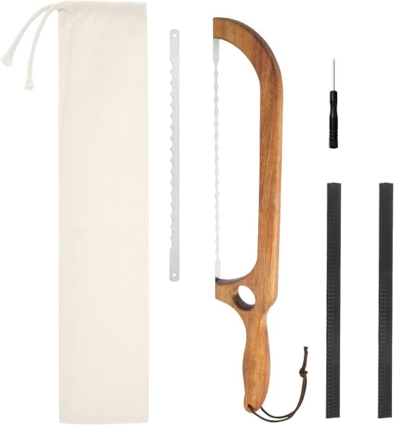 Bread Slicer for Homemade Breads, 41cm Bread Bow Cutter with Wooden Handle and Stainless Steel Replacement Blades, Sourdough Cutting Knife for Pastry Breads Baguettes(Set A)
