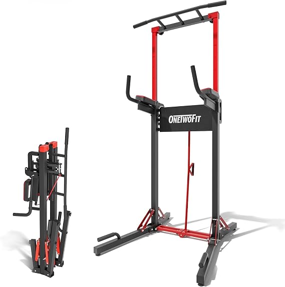 ONETWOFIT Power Tower Foldable Pull Up Bar Station Dip Bar Adjustable