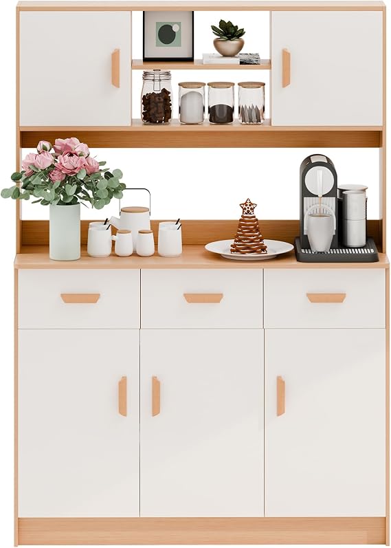 Kitchen Pantry Cabinet with Drawer & Doors, Freestanding Hutch Cabinet with Buffet Cupboard, Utility Pantry with Microwave Stand, for Kitchen, Dining Room and Living Room Wooden Color