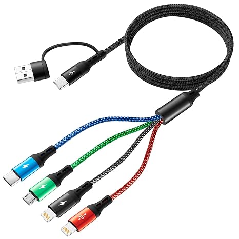 6 in 1 Multi Charging Cable [3.5A,1.2M], 4 in 2 Universal Charger Cable Dual Nylon Braided USB A/C to Type C/Lightning/Micro USB/Universal Charger for iPhone,Galaxy and More