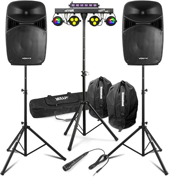 Vonyx VPS152A 15" Active DJ Speaker Package with Bluetooth, MAX PartyBar10 Disco Lights, Stands, Microphone & SoundSak Protective Bags - Ideal Home DJ Setup for Medium/Large Gigs