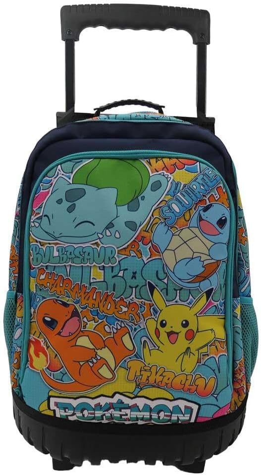CyP Brands Pokémon Backpack with Integrated Trolley Trolley, Pikachu, Charmander, Squirtle, Bulbasaur, Multicoloured, Official Product
