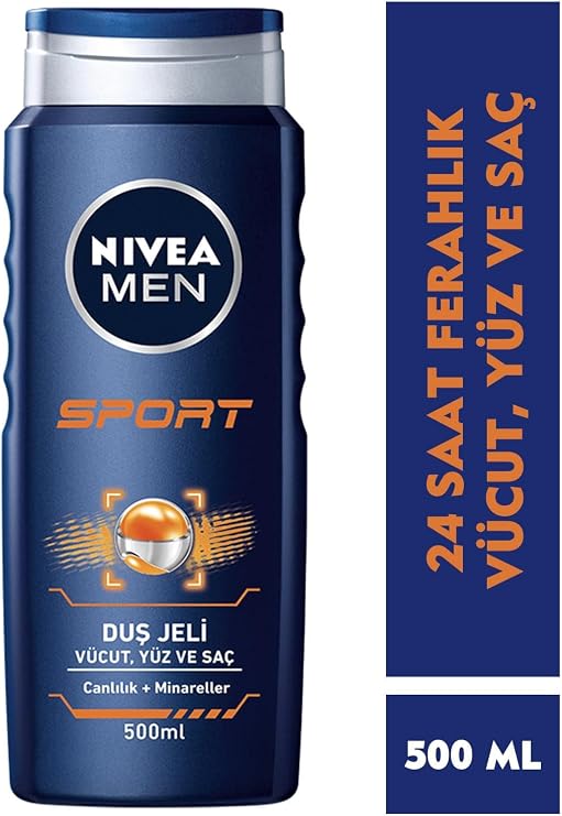 NIVEA MEN Erkek Sports Duş Jeli, 500 ml, 3ü 1 Arada Kullanım, Vücut, Yüz ve Saç, 24 Saat Ferahlık, Enerji Veren Koku