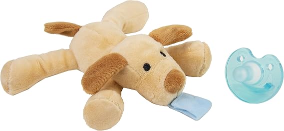 Dummy Pacifier Baby Soother, Dummies for Babies - Detachable Newborn Essentials - Portable Comforter Soothie - Stuffed Animal Plush Toy for 3-36 Months - Teething Dummie for Boys & Girls (Dog)