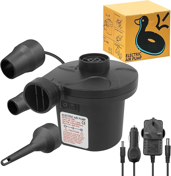 Jsdoin Electric Pump for Inflatables with 3 Nozzles, AC 240V/DC 12V 50W High Power Electric Air Pump for Air Bed Mattress Inflatables Paddling Pool