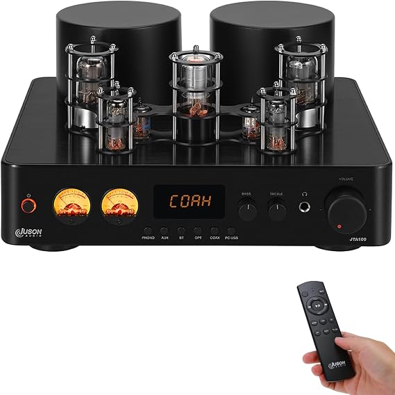 Juson Audio JTA100 200W Vacuum Tube Amplifier Integrated Hybrid With BT 5.0 Optical AUX RCA PHONO Input and Headphone output 2.1CH Class AB HIFI Home Audio for Turntable