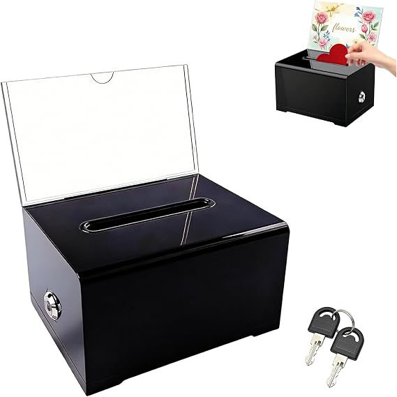 Acrylic Donation Box, Lockable Donation Box, Acrylic Donation Box, Acrylic Donation Box with Keys, Recommended Box with Stickers, for Reviews, Donations, Black