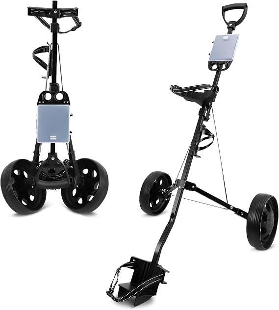 2 Wheel Golf Trolley, Lightweight Push Trolley with Convenient Handle, Foot Brake,Scoreboard Holder, Compact Golf Bag Transport, Easy to Carry and Store-Black