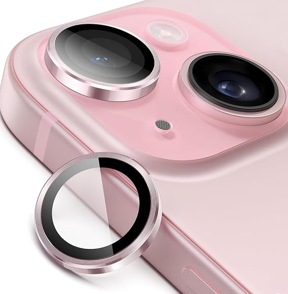 Minesk iPhone 15-15 Plus ile Uyumlu Temperli Cam Kamera Lens Koruyucu Alüminyum Alaşım Çerçeveli ve 9H Sertliğinde Lens Koruma (Pembe, Temperli Cam)