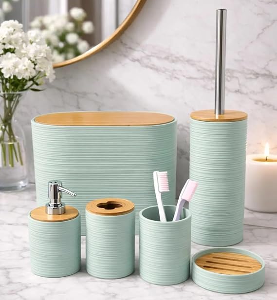 6 Parça Banyo Seti, Bambu Detaylı, 8L Çöp Kovası 24x26x16 cm (Su Yeşili)