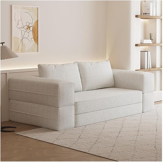 Convertible Sleeper Sofa Bed, Floor Folding Mattress Couch Comfy Fold Out Futon, Boneless Modular Loveseat for Living Room (Chenille Gray),White,150cm