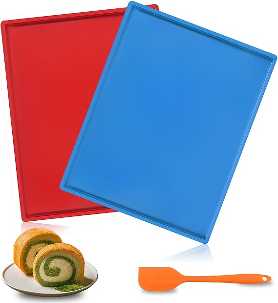 2 PCS Swiss Roll Cake Mat, Silicone Baking Trays for Oven Non Stick Baking Pad Heat Resistant Swiss Roll Tin Sheets Dehydrator Mats with Scraper (Red+Blue)