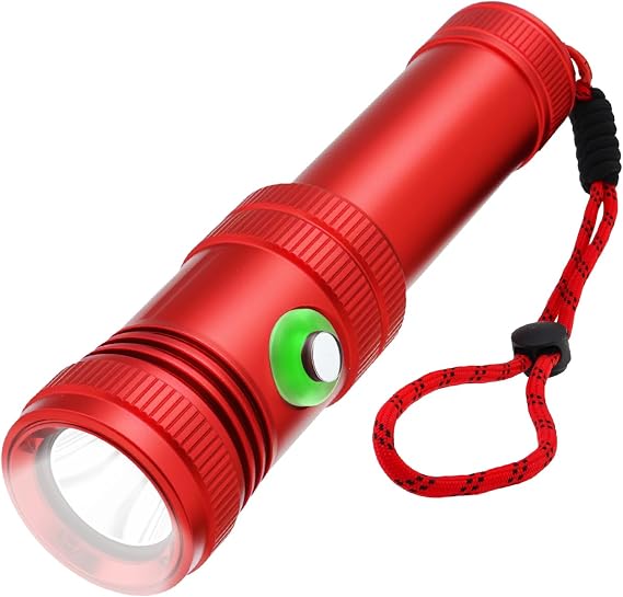 SecurityIng ダイブライト 1200LM レッド 防水懐中電灯 IPX8~50m 4モード & ボタンスイッチ スキューバダイビング&シュノーケリング用 充電式バッテリー使用 バッテリーなし
