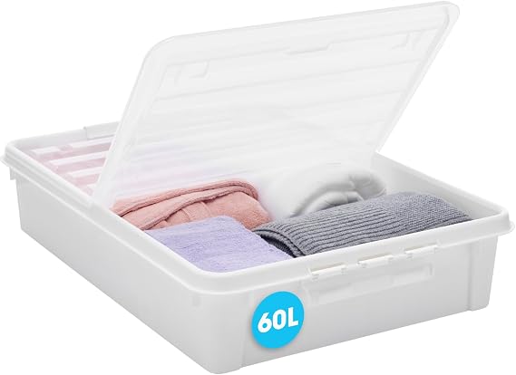 SmartStore Large Plastic Under Bed Storage Box with Lid and Wheels - 60L - Transparent Foldable Lid - Strong Clips - Recycled Plastic Clothes Storage Boxes - L79 x W59 x H18.5 cm