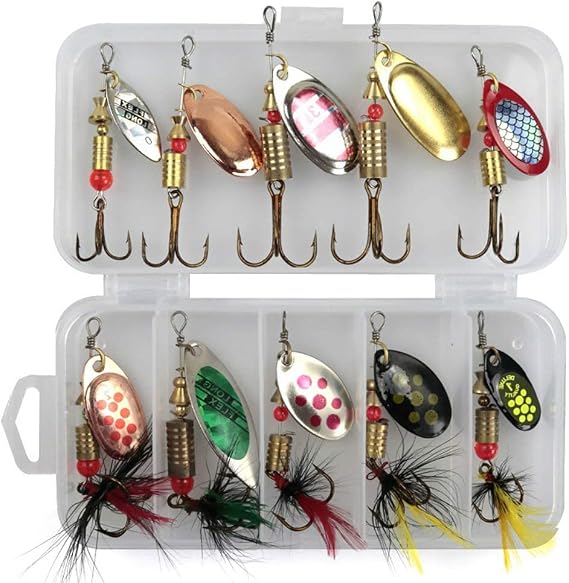 10Pcs Spinner Bait Set Multi Colored Fishing Spinners Lures Baits Pike Fishing Lures with Box for Trout Salmon Bass Fishing Set