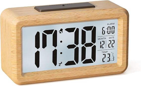 Wooden Digital Alarm Clock, Battery Digital Alarm Clock with Large LCD Display, Backlight, Date, Temperature, Automatic Light Sensor, Snooze (3 AAA Batteries Included)