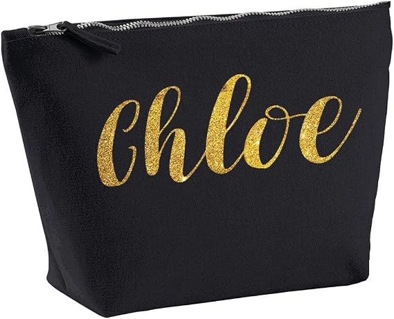 Chloe Personalised Make Up Accessory Bag In Black Colour Glitter Or Metallic Print Birthdays Weddings Christmas-Medium-Gold