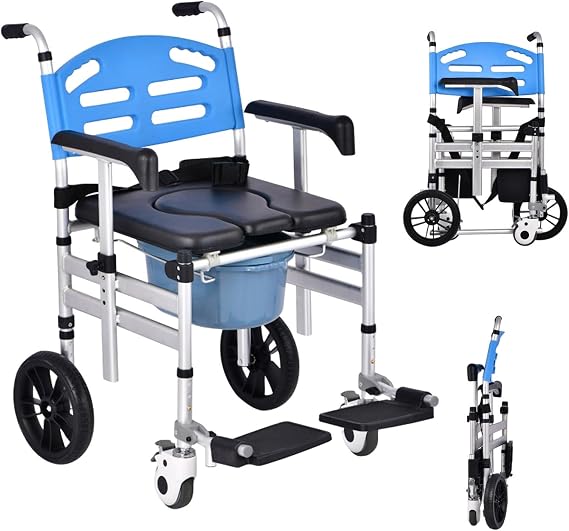 Commode Chair with Wheels, Foldable Mobile Toilet Shower Stool Ergonomic Seat with Armrests Commode Chair Bucket with Lid Resistant Bucket Easy to Pull Out